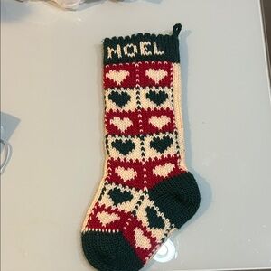 Vintage THICK  handmade  Knit Christmas Stocking - Red, Green Noel hearts